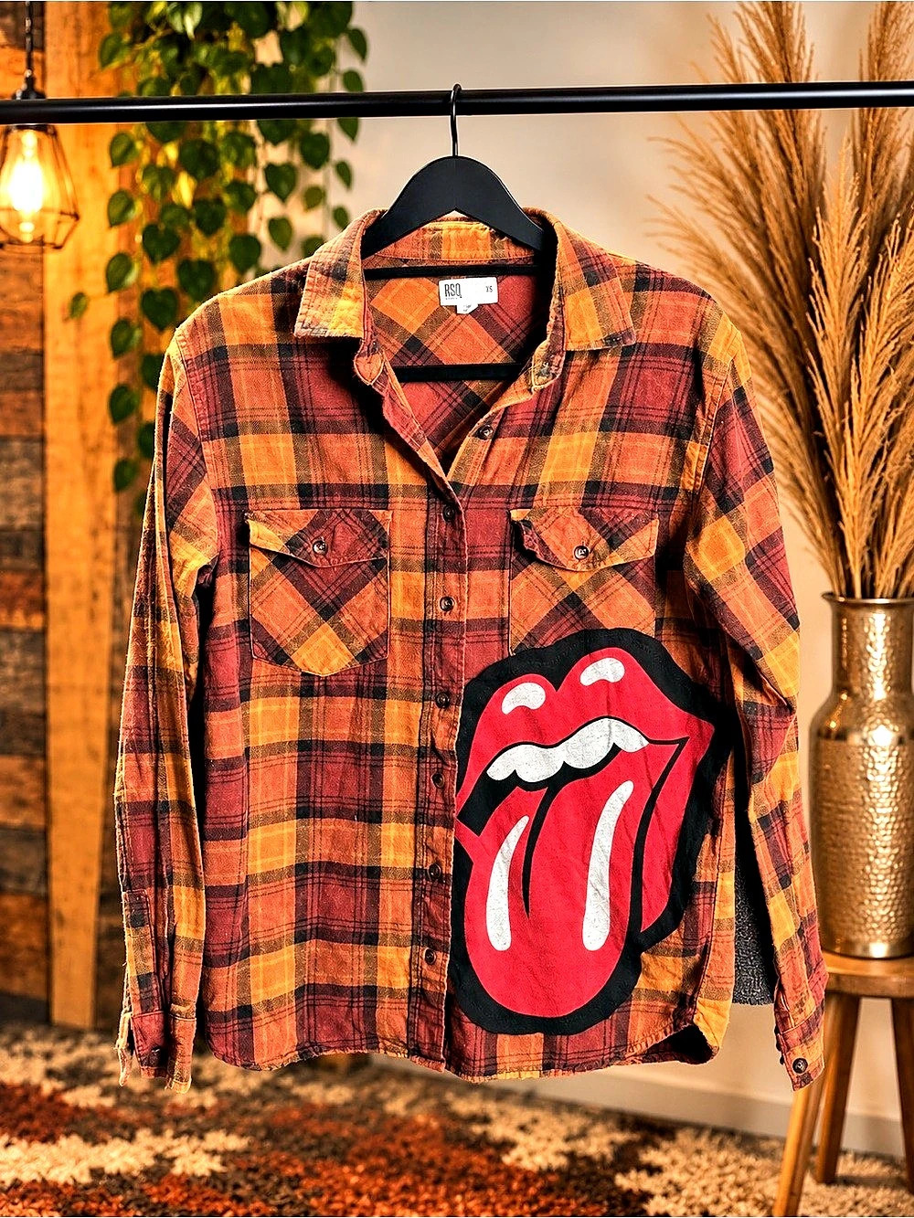 Handmade Upcycle flannel featuring The Rolling Stones Tour 2019 graphic